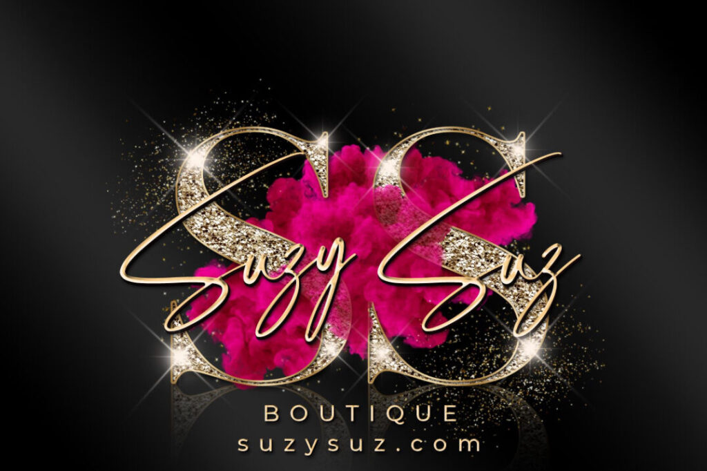 Elegant logo for Suzy Suz Boutique with gold and pink accents.